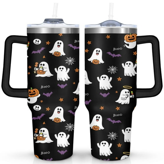 Ghost Pumpkin 40 Oz Tumbler with Handle Lid and Straw, Stainless Steel Double Walled Vacuum Insulated Cup, Cute Anniversary Wedding Birthday Gifts Tumbler for Women Men Friends Outdoor Indoor