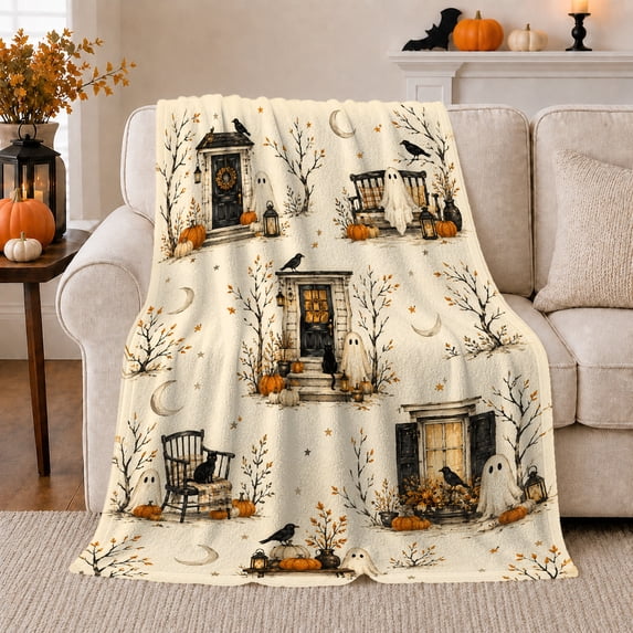 Ghost Pumpkin Autumn Vignettes Halloween, Festive Halloween Scene, Warm Flannel Blanket for Living Room and Reading Nook, Art Lovers Halloween Gift, Festive Home Decor
