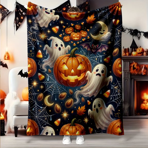 Ghost Pumpkin Bat Print Flannel Throw Blanket, Choose From 30 x 40, 40 x 50, 50 x 60, 60 x 80 Inches, Soft Cozy Blanket for Sofa