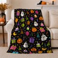 thumbnail image 1 of Ghost Pumpkin Birthday Party Pattern Scene, Cheerful Flat Holiday Icon Style for Halloween Fans, Present Cake Confetti Theme and Halloween Gift, Cozy Flannel Blanket, Home Decor, 1 of 9