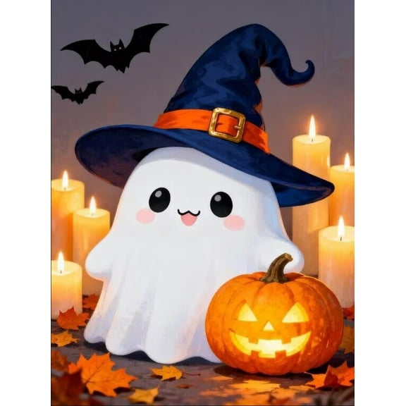 Ghost Pumpkin Candle Diamond Painting Kits For Adults Halloween Round Full Drill Diamond Art Kits Fall 5d Diy Paint With Diamonds Crafts For Home Wall Decoration Gifts 12x12 Inch