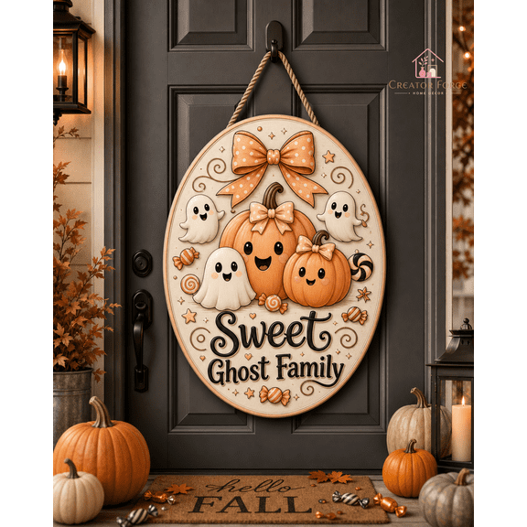Ghost Pumpkin Family Wooden Sign Cute Halloween Front Door Decor Gift
