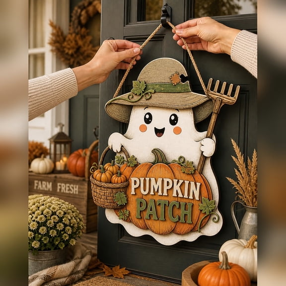 Ghost Pumpkin Farmer Wooden Sign Front Door Hanger Fall Housewarming Gift