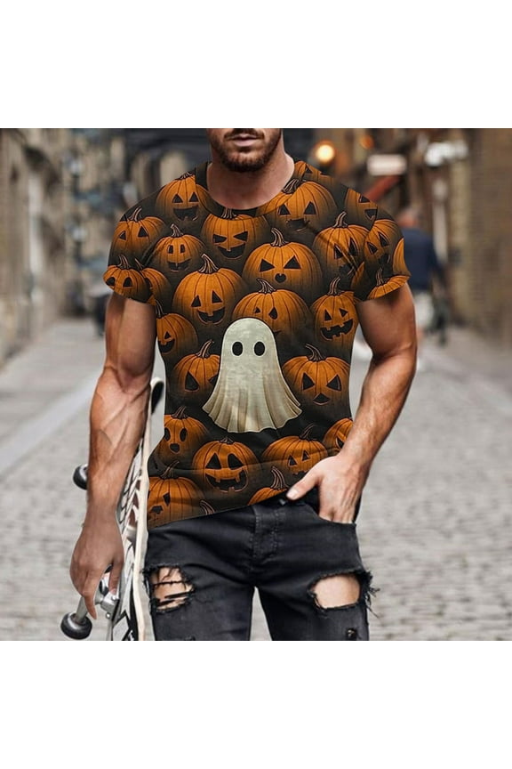 Ghost Pumpkin Graphic Tees for Men Halloween Costumes Plus Size Fashion Holiday T Shirts Short Sleeve Crewneck Tops Going Out Outfits Funny Pullover Tshirts, S-5XL