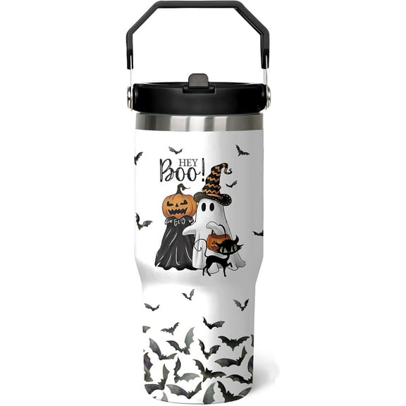 Ghost Pumpkin Halloween Cup 30 Oz Tumbler with Handle and Flip Straw, Halloween Tumbler Keeps Drinks Cold & Hot, Stainless Steel Halloween Coffee Mug Halloween Themed Halloween Gifts For Women