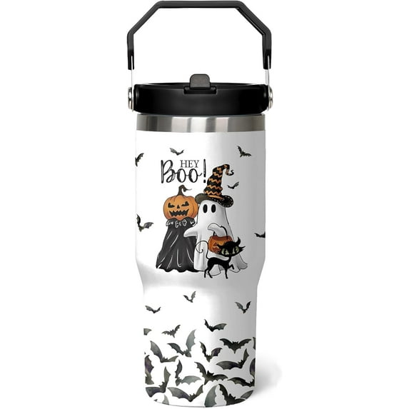 Ghost Pumpkin Halloween Cup 30 Oz Tumbler with Handle and Flip Straw, Halloween Tumbler Keeps Drinks Cold & Hot, Stainless Steel Halloween Coffee Mug Halloween Themed Halloween Gifts For Women