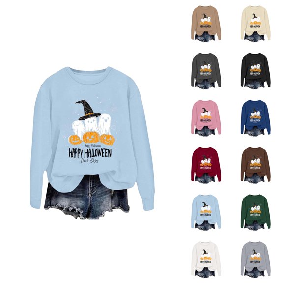 Ghost Pumpkin Halloween Sweatshirts for Women Long Sleeve Crewneck Happy Halloween Graphic Sweatshirt Pullover Tops