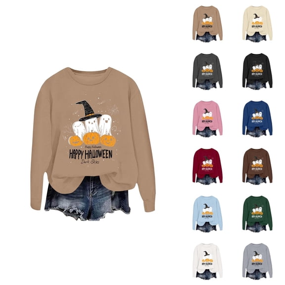 Ghost Pumpkin Halloween Sweatshirts for Women Long Sleeve Crewneck Happy Halloween Graphic Sweatshirt Pullover Tops