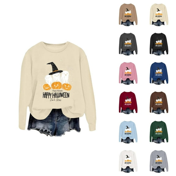 Ghost Pumpkin Halloween Sweatshirts for Women Long Sleeve Crewneck Happy Halloween Graphic Sweatshirt Pullover Tops