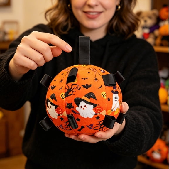 Ghost Pumpkin Halloween Themed Dog Interactive Plush Ball Toy with Multi Ribbon Tabs, Non-Toxic Soft Stuffed Chew Toy for Puppies Medium Dogs Indoor Lawn Fetch Entertainment