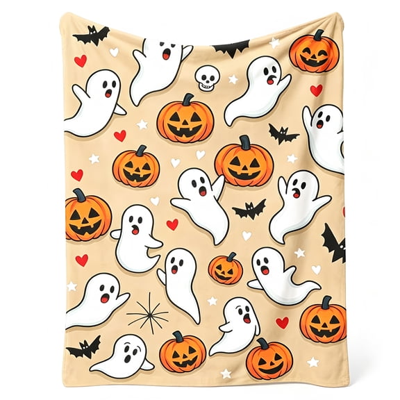 Ghost Pumpkin Halloween Throw Blanket for Couch, Soft Flannel Warm Cozy Decor Cover, Washable Blanket for Bedroom.