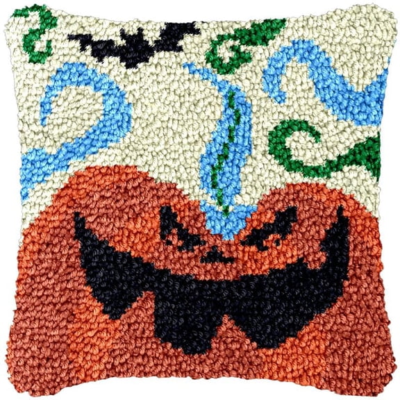 Ghost Pumpkin Latch Hook Pillowcase Kits for Adults and Starter DIY Cushion Cross Stitch Latch Hook Rug Kits with Preprinted Canvas Crochet Yarn Kits Needlework Crafts 17'' X 17''