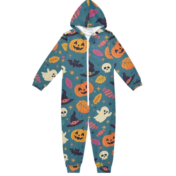 Ghost Pumpkin Magic Hat Boys & Girls Hooded One-Piece Pajamas Warm Crystal velvet Hooded Long Sleeve Loungewear Jumpsuit Unisex