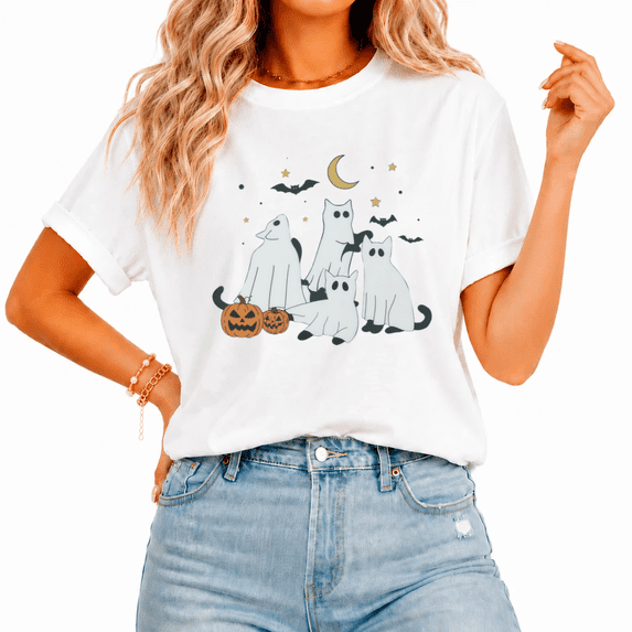 Ghost Pumpkin Moon Festive Print T-Shirt for Women Crewneck Short Sleeve Halloween Party Shirt
