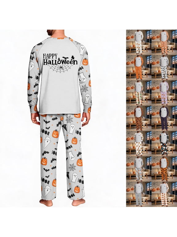 Ghost Pumpkin Pajama Set for Men 2 Piece Halloween Bat Spider Web Print Long Sleeve Crew Neck Contrast Sleeve Top with Full Length Pajama Pants Lounge Set