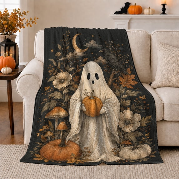 Ghost Pumpkin Scene Ghosts And Pumpkins Spooky Holiday Art Halloween Lovers Playful Harvest Motif Warm Flannel Blanket, Halloween Gift for Living Room and Family Room Home Decor