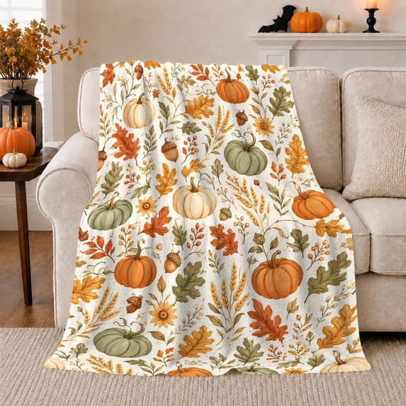 Ghost Pumpkin Scene Ghosts And Pumpkins Spooky Holiday Art Halloween Lovers Playful Harvest Motif Warm Flannel Blanket, Halloween Gift for Living Room and Family Room Home Decor