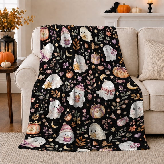 Ghost Pumpkin Scene Ghosts And Pumpkins Spooky Holiday Art Halloween Lovers Playful Harvest Motif Warm Flannel Blanket, Halloween Gift for Living Room and Family Room Home Decor