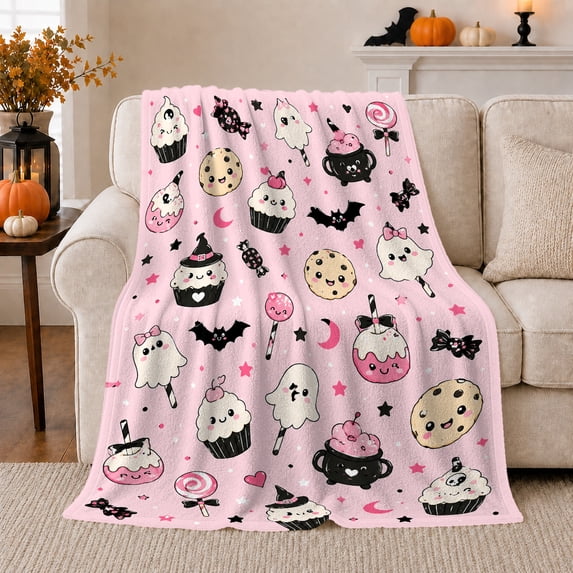 Ghost Pumpkin Scene Ghosts And Pumpkins Spooky Holiday Art Halloween Lovers Playful Harvest Motif Warm Flannel Blanket, Halloween Gift for Living Room and Family Room Home Decor