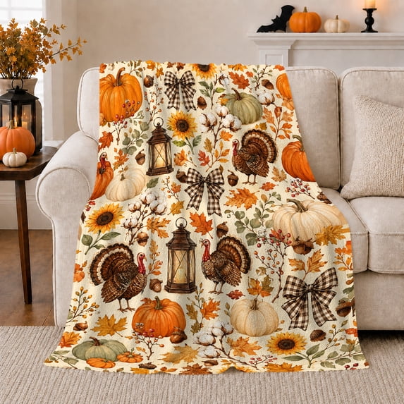 Ghost Pumpkin Scene Ghosts And Pumpkins Spooky Holiday Art Halloween Lovers Playful Harvest Motif Warm Flannel Blanket, Halloween Gift for Living Room and Family Room Home Decor