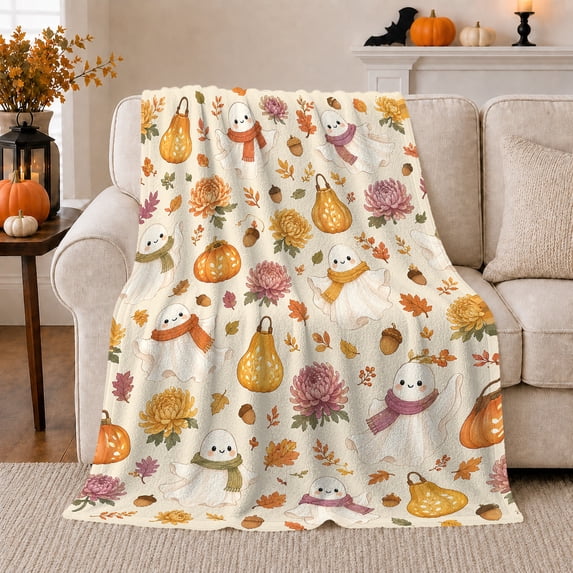 Ghost Pumpkin Scene Ghosts And Pumpkins Spooky Holiday Art Halloween Lovers Playful Harvest Motif Warm Flannel Blanket, Halloween Gift for Living Room and Family Room Home Decor