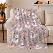 Ghost Pumpkin Scene Ghosts And Pumpkins Spooky Holiday Art Halloween Lovers Playful Harvest Motif Warm Flannel Blanket, Halloween Gift for Living Room and Family Room Home Decor
