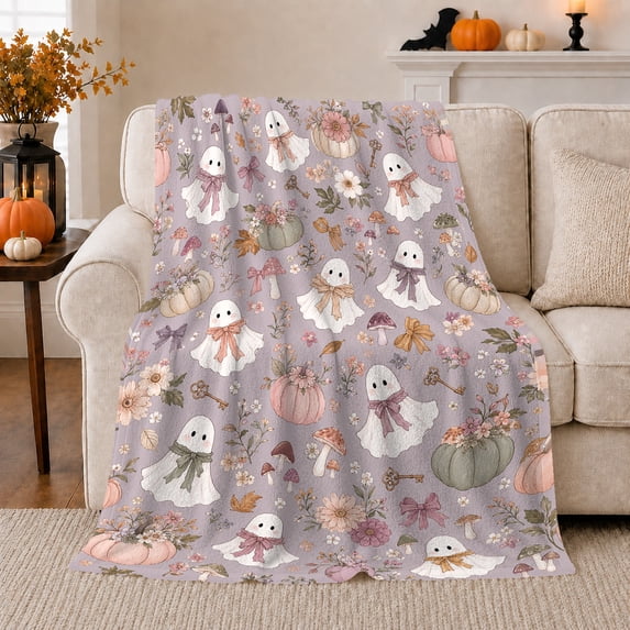 Ghost Pumpkin Scene Ghosts And Pumpkins Spooky Holiday Art Halloween Lovers Playful Harvest Motif Warm Flannel Blanket, Halloween Gift for Living Room and Family Room Home Decor