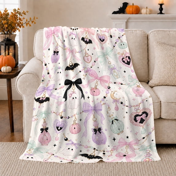 Ghost Pumpkin Scene Ghosts And Pumpkins Spooky Holiday Art Halloween Lovers Playful Harvest Motif Warm Flannel Blanket, Halloween Gift for Living Room and Family Room Home Decor