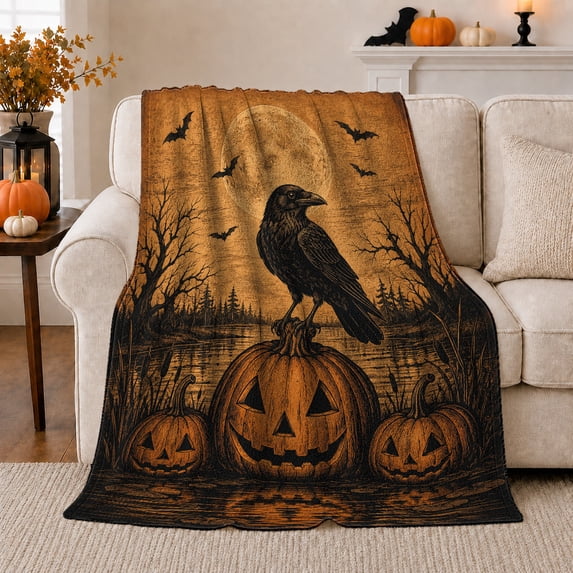 Ghost Pumpkin Scene Ghosts And Pumpkins Spooky Holiday Art Halloween Lovers Playful Harvest Motif Warm Flannel Blanket, Halloween Gift for Living Room and Family Room Home Decor