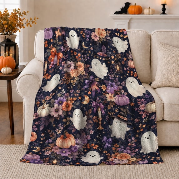 Ghost Pumpkin Scene Ghosts And Pumpkins Spooky Holiday Art Halloween Lovers Playful Harvest Motif Warm Flannel Blanket, Halloween Gift for Living Room and Family Room Home Decor