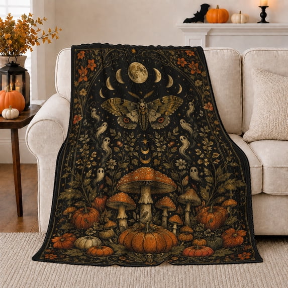 Ghost Pumpkin Scene Ghosts And Pumpkins Spooky Holiday Art Halloween Lovers Playful Harvest Motif Warm Flannel Blanket, Halloween Gift for Living Room and Family Room Home Decor
