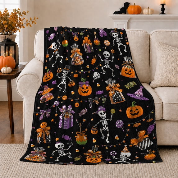 Ghost Pumpkin Scene Ghosts And Pumpkins Spooky Holiday Art Halloween Lovers Playful Harvest Motif Warm Flannel Blanket, Halloween Gift for Living Room and Family Room Home Decor