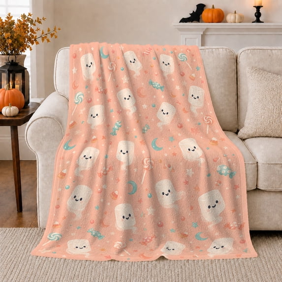 Ghost Pumpkin Scene Ghosts And Pumpkins Spooky Holiday Art Halloween Lovers Playful Harvest Motif Warm Flannel Blanket, Halloween Gift for Living Room and Family Room Home Decor