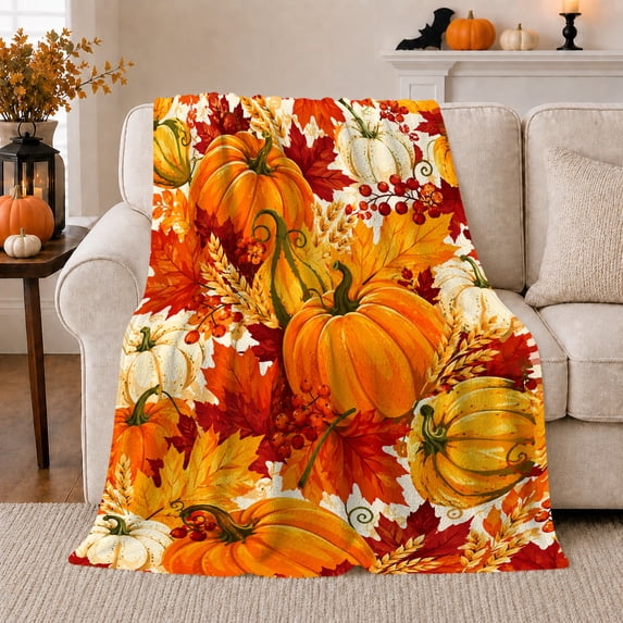 Ghost Pumpkin Scene Ghosts And Pumpkins Spooky Holiday Art Halloween Lovers Playful Harvest Motif Warm Flannel Blanket, Halloween Gift for Living Room and Family Room Home Decor