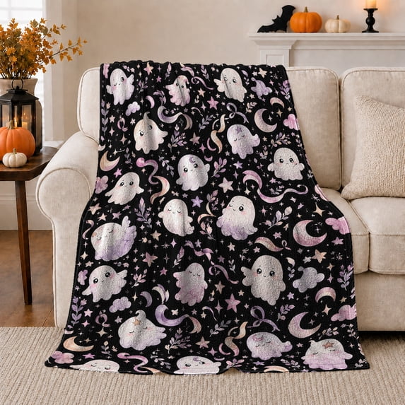 Ghost Pumpkin Scene Ghosts And Pumpkins Spooky Holiday Art Halloween Lovers Playful Harvest Motif Warm Flannel Blanket, Halloween Gift for Living Room and Family Room Home Decor