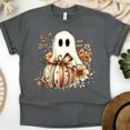 thumbnail image 1 of Ghost Pumpkin Shirt Fall Floral Halloween Tee Cute Autumn Ghost Top , Dark Heather, Size L, 1 of 6