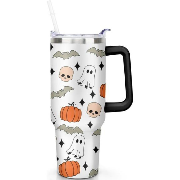 Ghost Pumpkin Skull Tumbler, Halloween Cup 40 Oz Tumbler with Handle and Straw Lid, Fall Cup Halloween Tumbler Keeps Drinks Cold & Hot, Stainless Steel Halloween Coffee Mug Halloween Gifts For Women