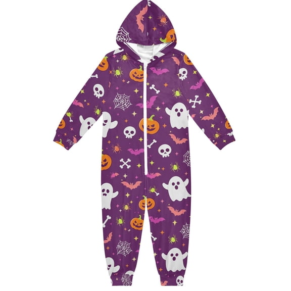 Ghost Pumpkin Spider Web Boys & Girls Hooded One-Piece Pajamas Warm Crystal velvet Hooded Long Sleeve Loungewear Jumpsuit Unisex