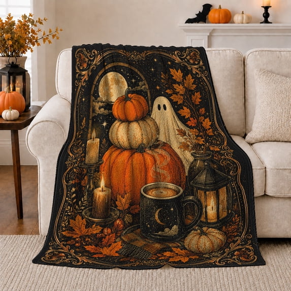 Ghost and Pumpkin Still Life with Moonlit Candles, Spooky Gothic Autumn Style for Halloween Lovers, Cozy Flannel Blanket for Family Room and Living Room, Halloween Gift, Home Decor