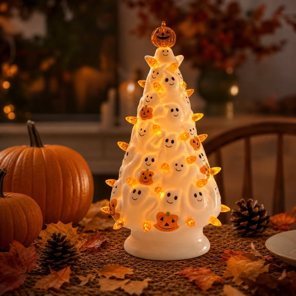 Ghost Pumpkin Tree Lamp Halloween Decorations LED Resin Lamp Smiling Ghost Stacked Figurine Orange Light Table Decor for Mantel Desk Shelf Home Party Holiday Decoration