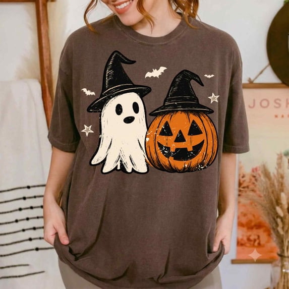 Ghost And Pumpkin Witch Hat Halloween T-Shirt, Spooky Season Graphic Tee, Retro Fall Comfort Colors Shirt, Vintage Pumpkin Ghost Apparel Gift - Espresso, S