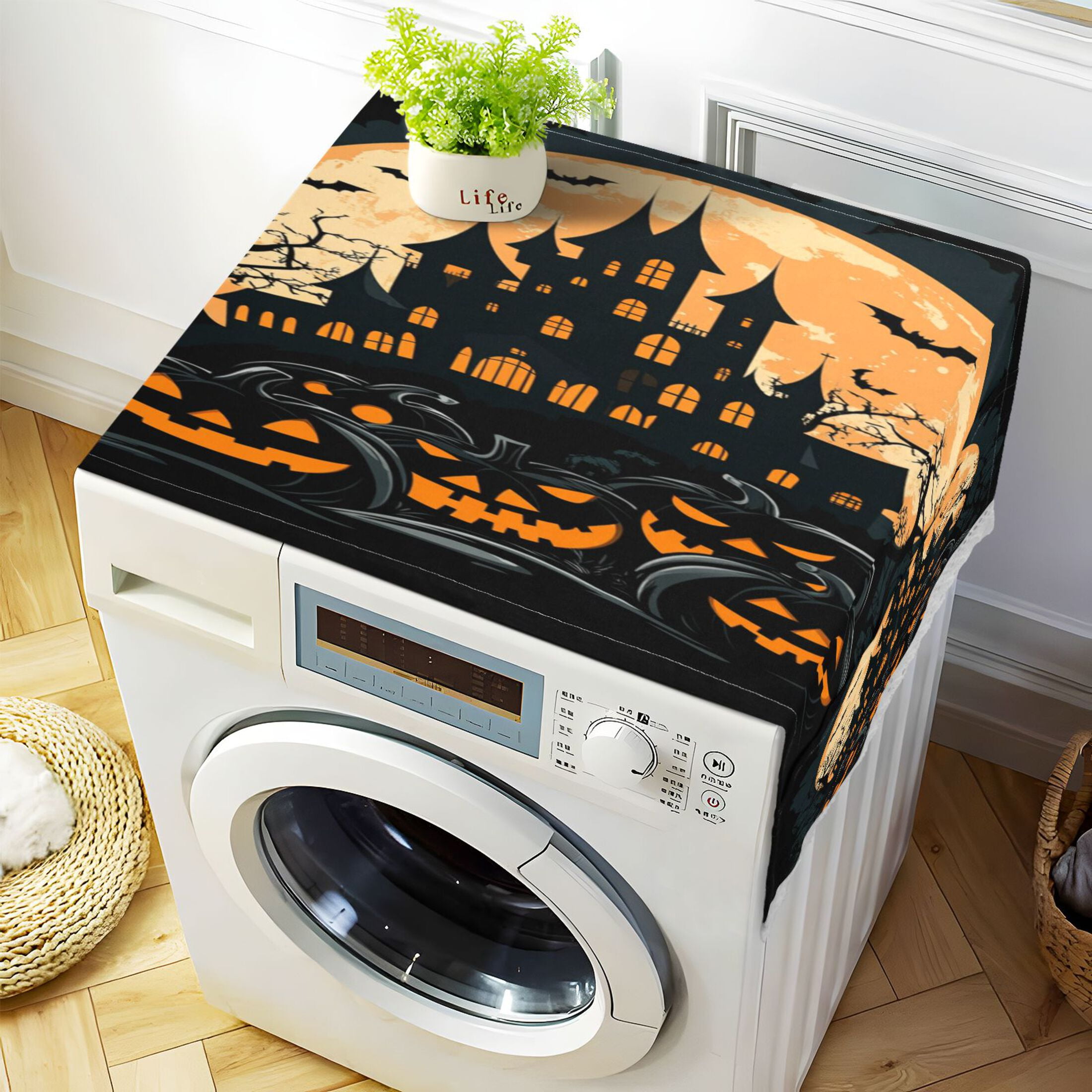 Ghost PumpkinWasher and Dryer Covers Dust-Proof and Oil Resistant Fridge Cover with 4 Storage Pockets Washing Machine Top Cover for Laundry Kitchen Home 51.2 x 22 In