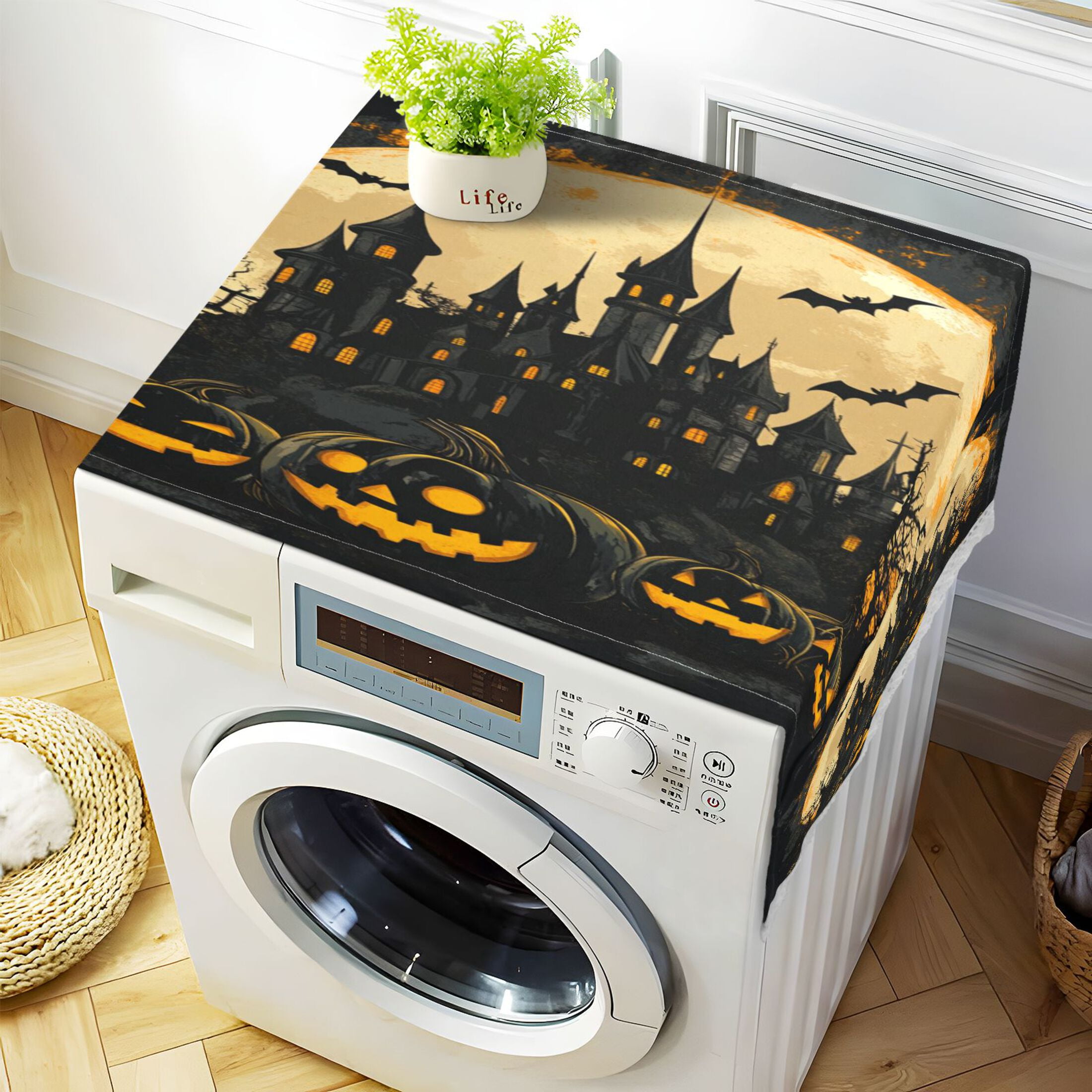 Ghost PumpkinWasher and Dryer Covers Dust-Proof and Oil Resistant Fridge Cover with 4 Storage Pockets Washing Machine Top Cover for Laundry Kitchen Home 51.2 x 22 In