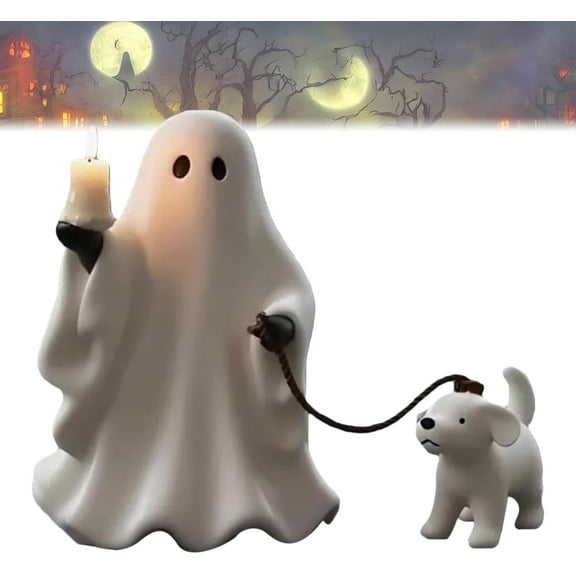 Ghost & Pup Candle Holder, Whimsical Halloween Figurine, Ghost Walking Dog Halloween Statue, Decor for Shelf, Desk, Home(5.9" Tall)