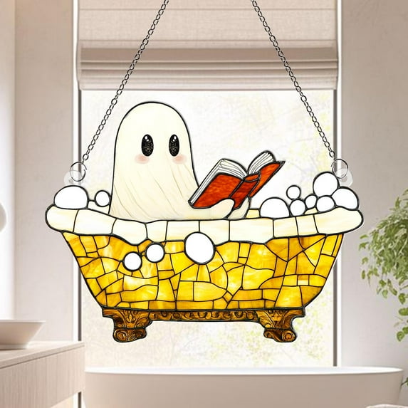 Ghost Reading Acrylic Suncatcher: Halloween Bathroom Window Decor