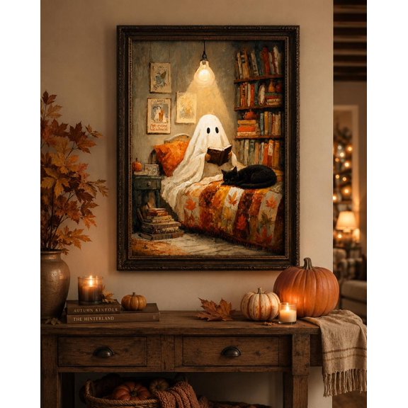 Ghost Reading Black Cat Wall Art Print