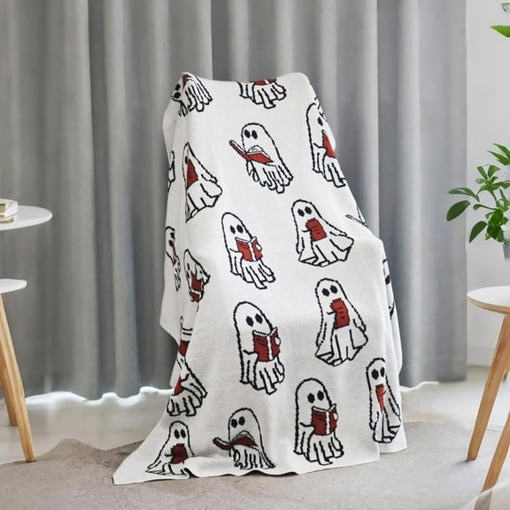 Ghost Reading Blanket, 2025 New Halloween Ghost Reading a Book Throw Blanket 50 X 60'', Cute Fall Knitted Blanket Gift for Spooky Season, Soft Throw Blanket Fits Couch Sofa
