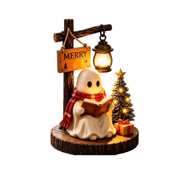 Ghost Reading Book Christmas Figurine, Cute Resin Statue Tabletop Decor for Home Desktop Ornament