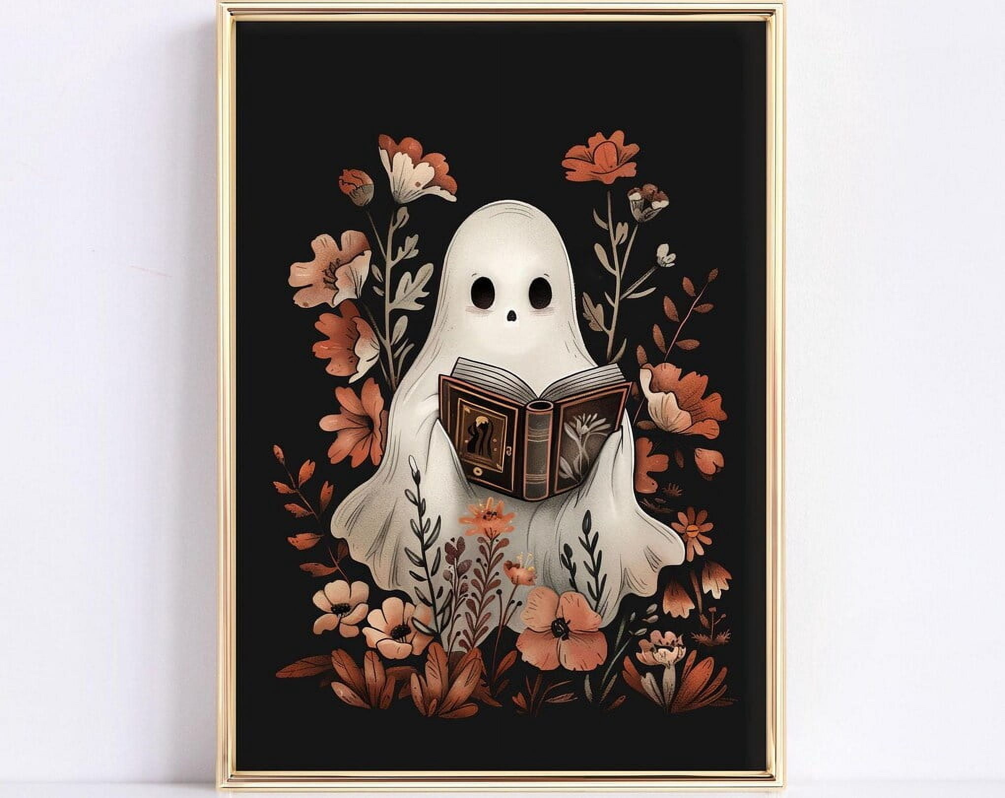 Ghost Reading Book Halloween Painting Wildflower Wall Art Botanical ...