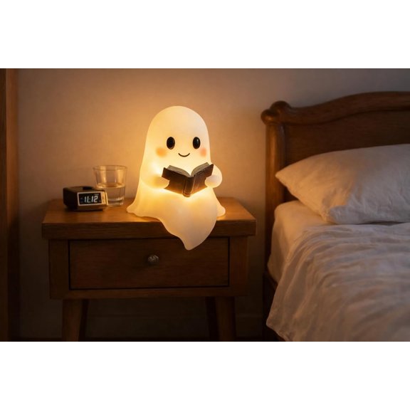 Ghost Reading Book LED Night Light Cute 3D Halloween Figurine Lamp, Portable Cordless Warm Light for Bedroom Desk Mantel, Spooky Decor